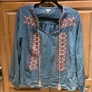 Long-Sleeve Denim Blue Embroidered Tunic w/Tassels